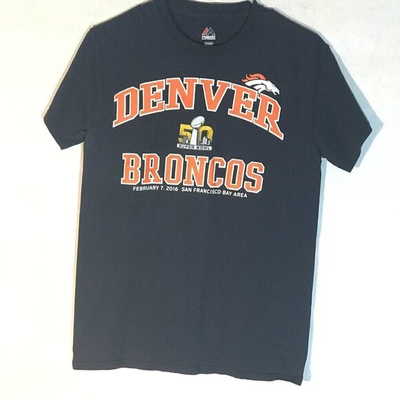 Majestic NFL Super Bowl Denver Broncos Blue Orange Small Short Sleeve T Shirt - Picture 2 of 7